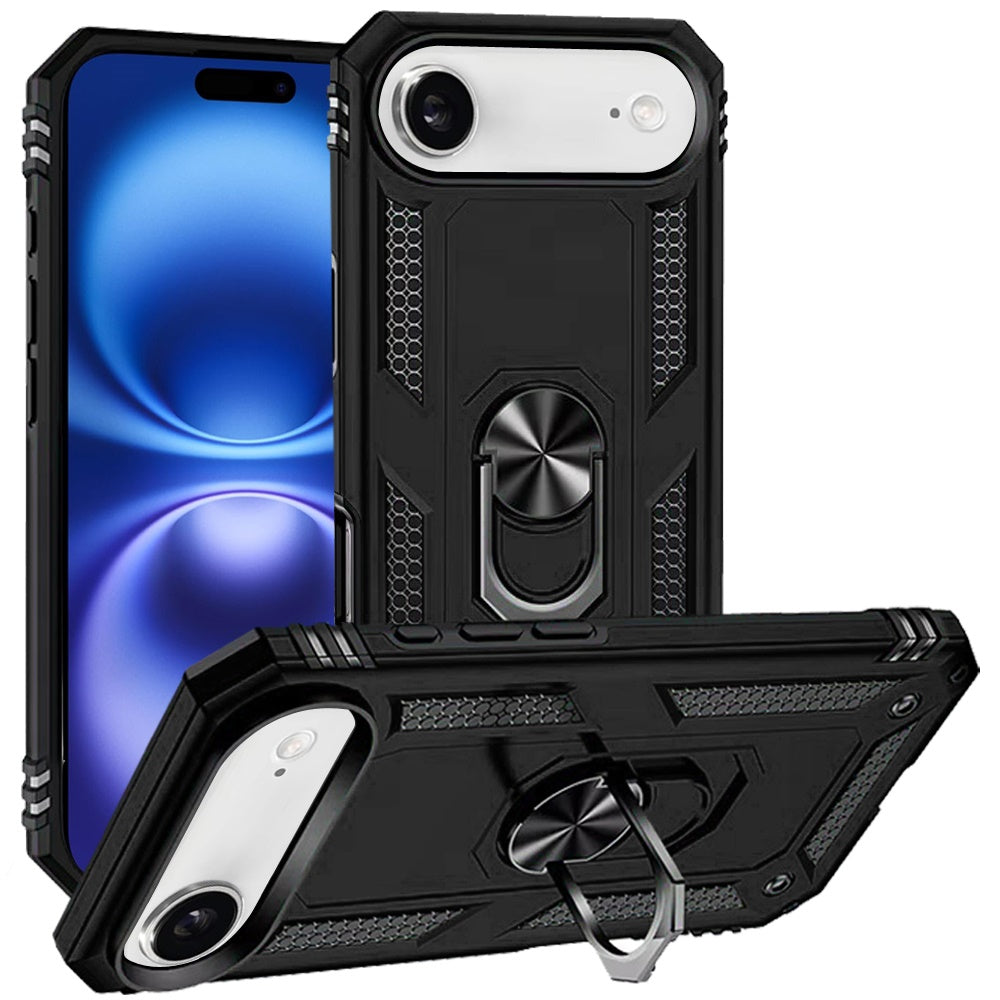 For iPhone Air Case Metal Ring Kickstand Rugged Phone Cover + Tempered Glass