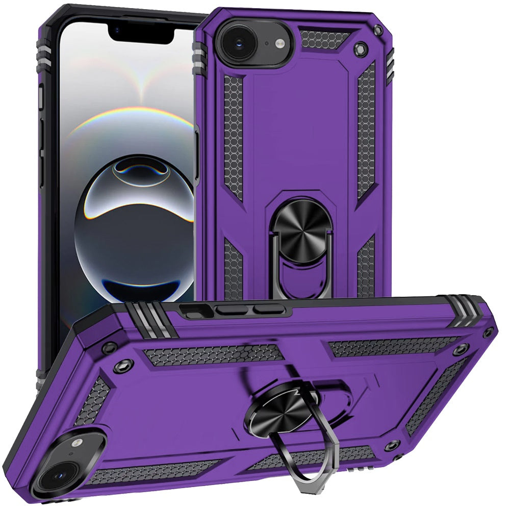 For iPhone 16e Case Ring Magnetic Kickstand Protective Hybrid + Tempered Glass