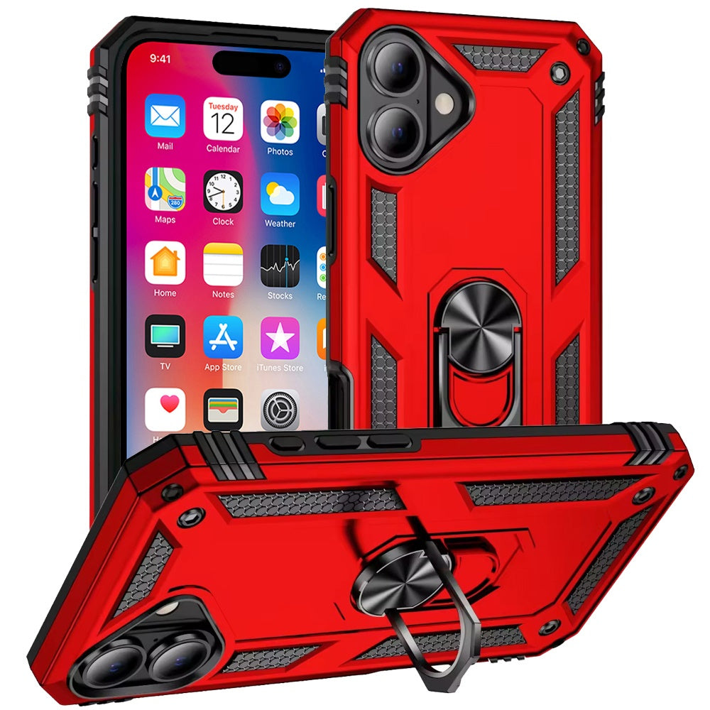For iPhone 16 6.1inch Case Ring Holder Magnetic Kickstand Hybrid +Tempered Glass