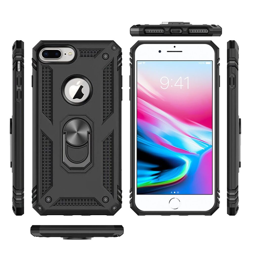For iPhone 8 Plus/7 Plus Case Ring Holder Magnetic Kickstand + Tempered Glass