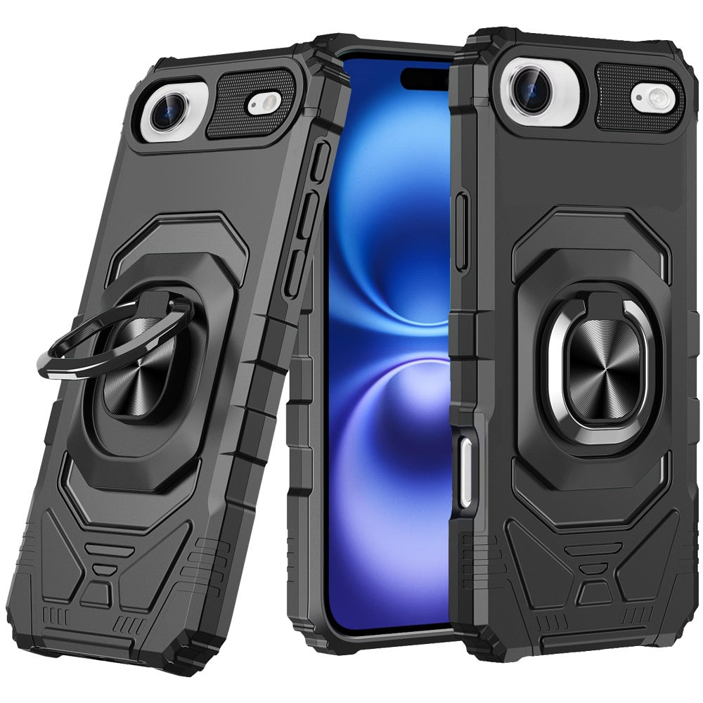 For iPhone Air Case Shockproof Dual Layer with Metal Ring Stand + Tempered Glass