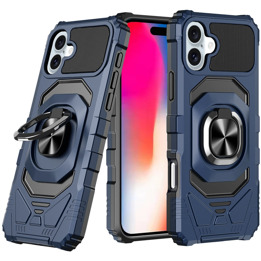For iPhone 16 6.1inch Case Dual Layer Magnetic Ring Stand Cover + Tempered Glass