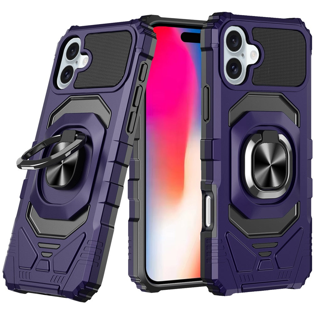 For iPhone 16 6.1inch Case Dual Layer Magnetic Ring Stand Cover + Tempered Glass