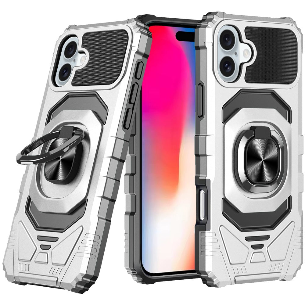 For iPhone 16 6.1inch Case Dual Layer Magnetic Ring Stand Cover + Tempered Glass