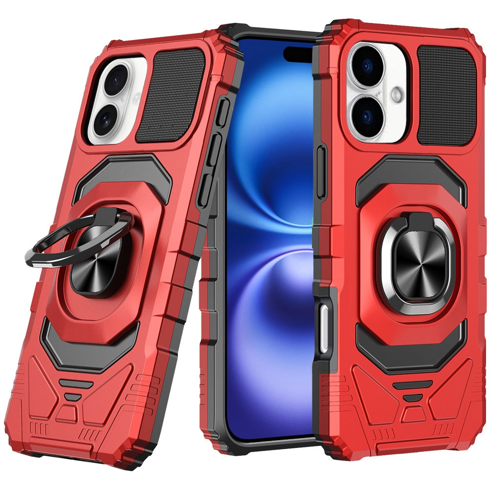 For iPhone 17 Case Shockproof Dual Layer with Metal Ring Stand + Tempered Glass
