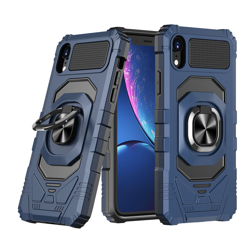 For iPhone XR Case Shockproof Cover Dual Layer with Ring Stand + Tempered Glass
