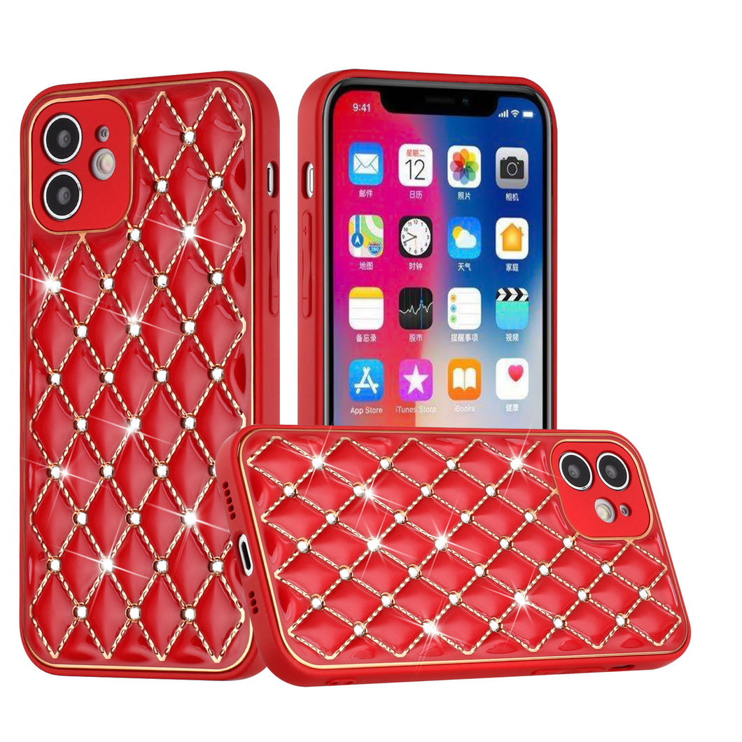 For iPhone 13 PRO Case Quilted Design Diamond Studded Bling Hybrid Cover