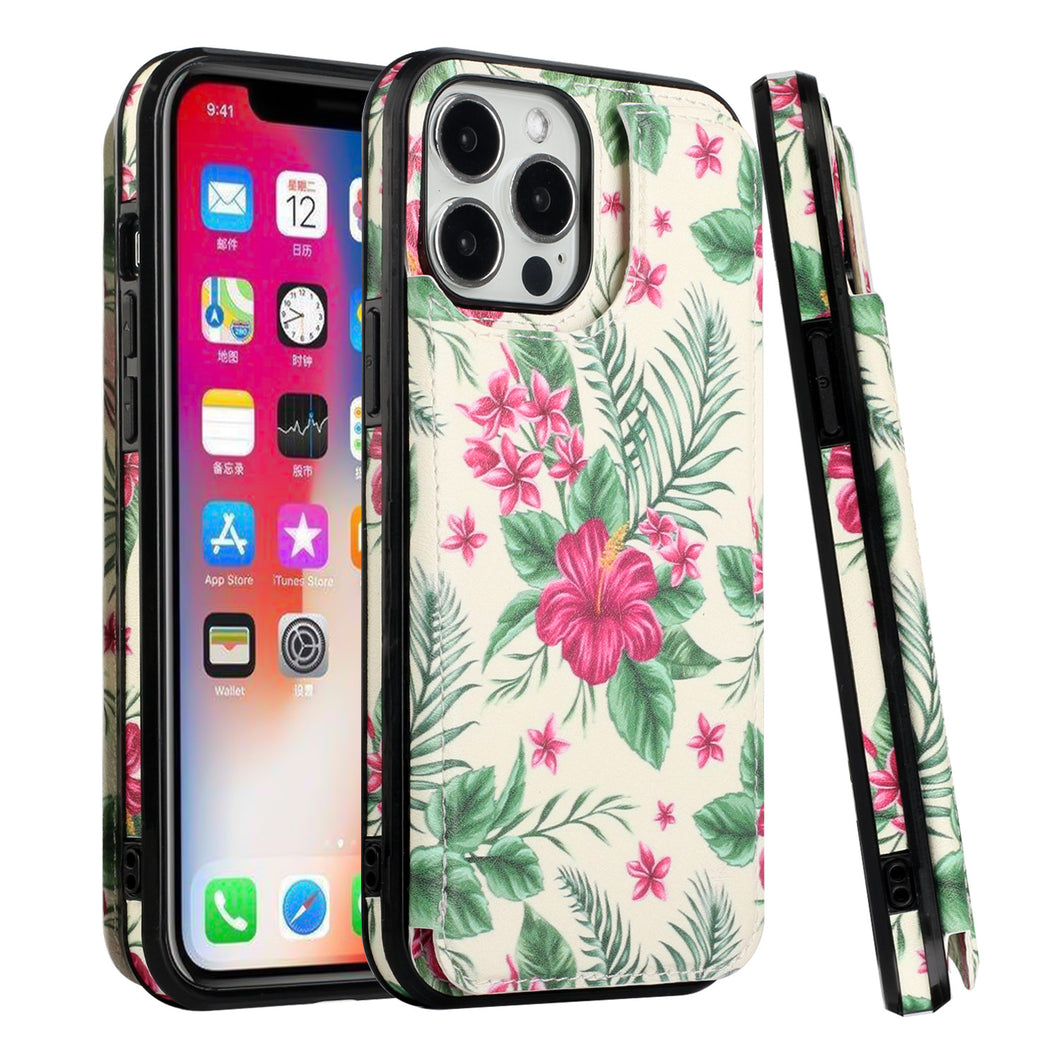 For iPhone 13/14 Case Vegan Leather Button Wallet Card Holder + Tempered Glass