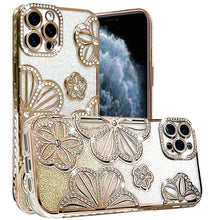 For iPhone 11 Pro Max Case Bling Floral 3D Glitter Phone Cover + Tempered Glass