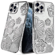For iPhone 11 Pro Max Case Bling Floral 3D Glitter Phone Cover + Tempered Glass