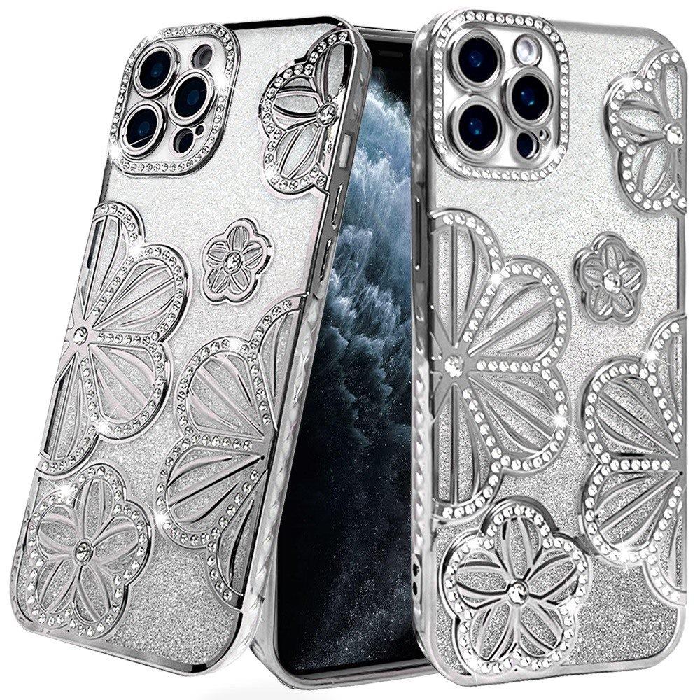 For iPhone 11 Pro Max Case Bling Floral 3D Glitter Phone Cover + Tempered Glass