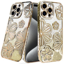 For iPhone 15 Pro Max Case Bling Floral 3D Rhinestones Glitter +2 Tempered Glass