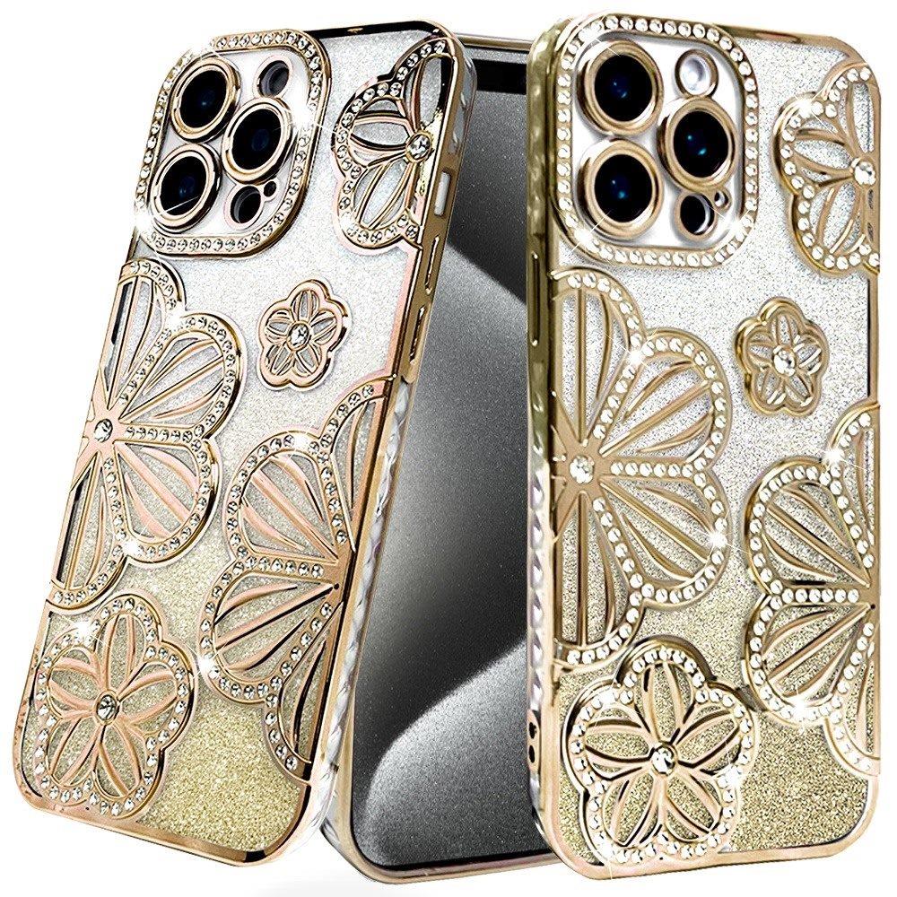 For iPhone 15 Pro Max Case Bling Floral 3D Rhinestones Glitter +2 Tempered Glass