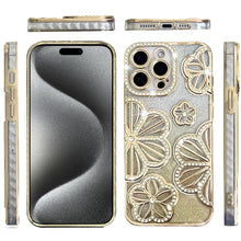 For iPhone 15 Pro Max Case Bling Floral 3D Rhinestones Glitter +2 Tempered Glass