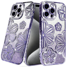 For iPhone 15 Pro Max Case Bling Floral 3D Rhinestones Glitter +2 Tempered Glass
