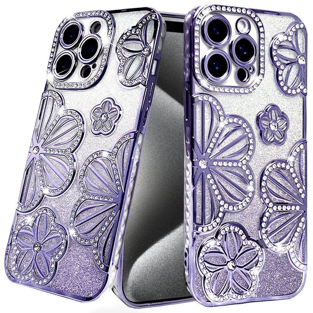 For iPhone 15 Pro Max Case Bling Floral 3D Rhinestones Glitter +2 Tempered Glass