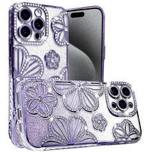 For iPhone 15 Pro Max Case Bling Floral 3D Rhinestones Glitter +2 Tempered Glass