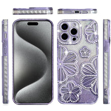 For iPhone 15 Pro Max Case Bling Floral 3D Rhinestones Glitter +2 Tempered Glass
