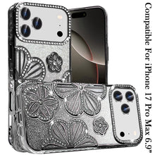 For iPhone 17 Pro Max Case Bling Floral 3D Glitter Phone Cover + Tempered Glass
