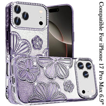 For iPhone 17 Pro Max Case Bling Floral 3D Glitter Phone Cover + Tempered Glass