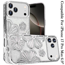 For iPhone 17 Pro Max Case Bling Floral 3D Glitter Phone Cover + Tempered Glass