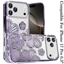 For iPhone 17 PRO Case Bling Floral 3D Glitter TPU Phone Cover + Tempered Glass