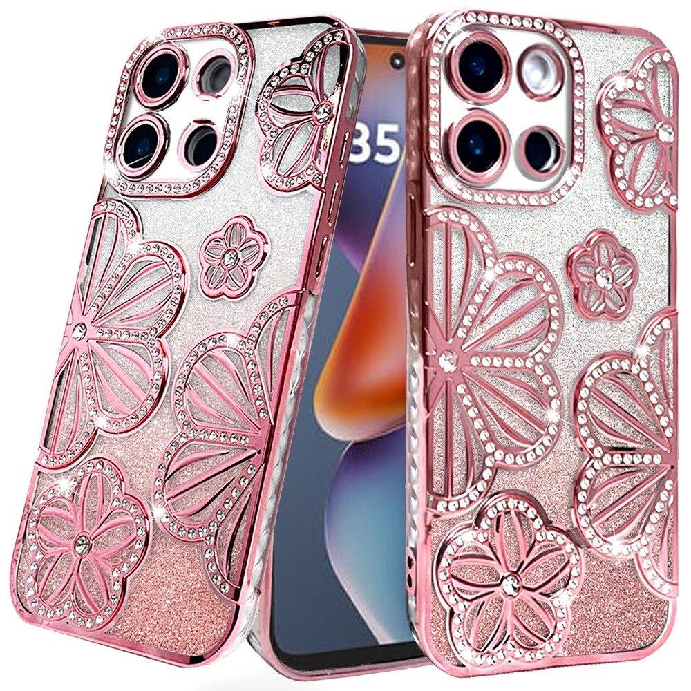For Moto G 2025 Case Bling Floral 3D Glitter Phone Cover + Tempered Glass