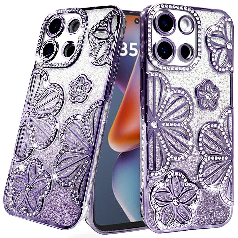 For Moto G 2025 Case Bling Floral 3D Glitter Phone Cover + Tempered Glass