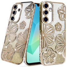 For Samsung A16 5G Case Bling Floral 3D Glitter Phone Cover + Tempered Glass