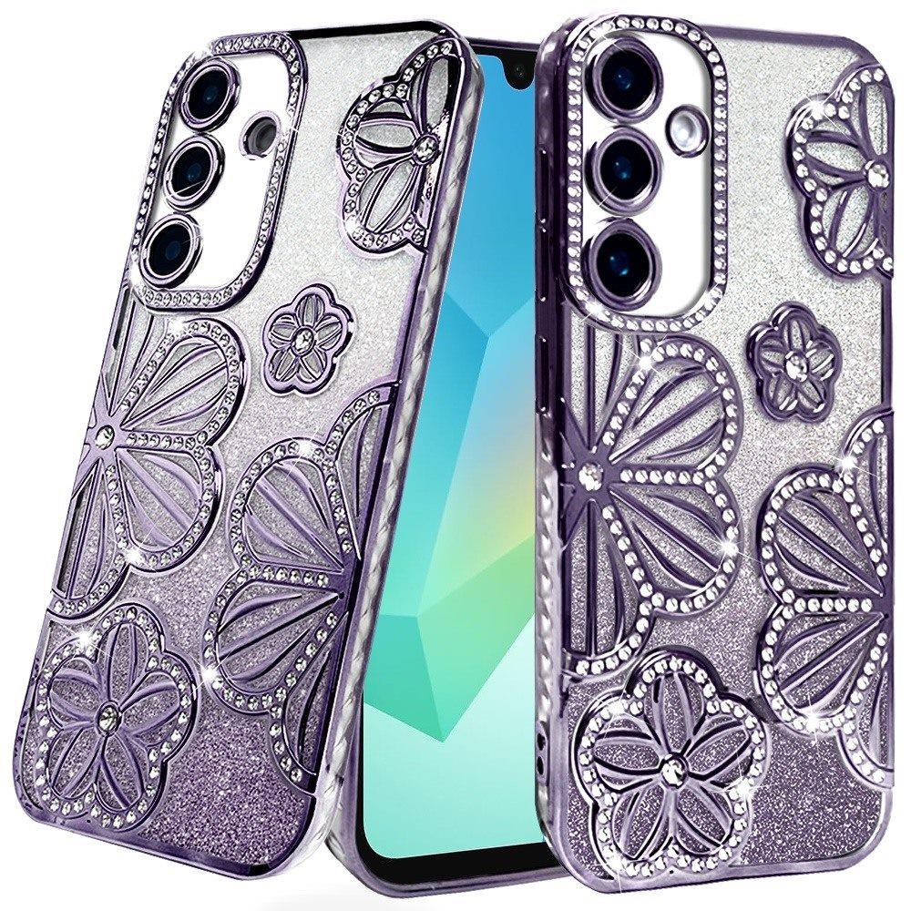 For Samsung A16 5G Case Bling Floral 3D Glitter Phone Cover + Tempered Glass