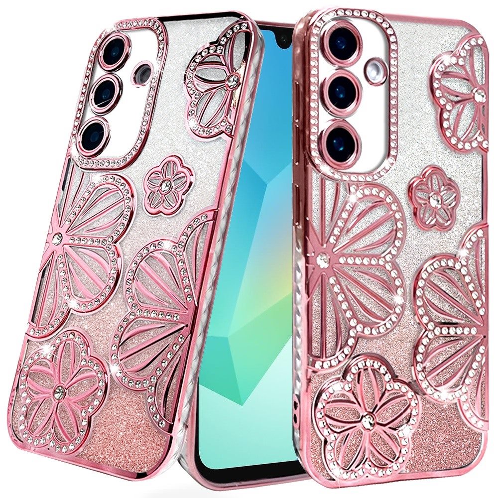 For Samsung A16 5G Case Bling Floral 3D Glitter Phone Cover + Tempered Glass