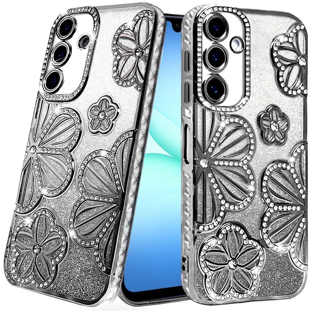 For Samsung A17 5G Case Bling Floral 3D Glitter Phone Cover + Tempered Glass