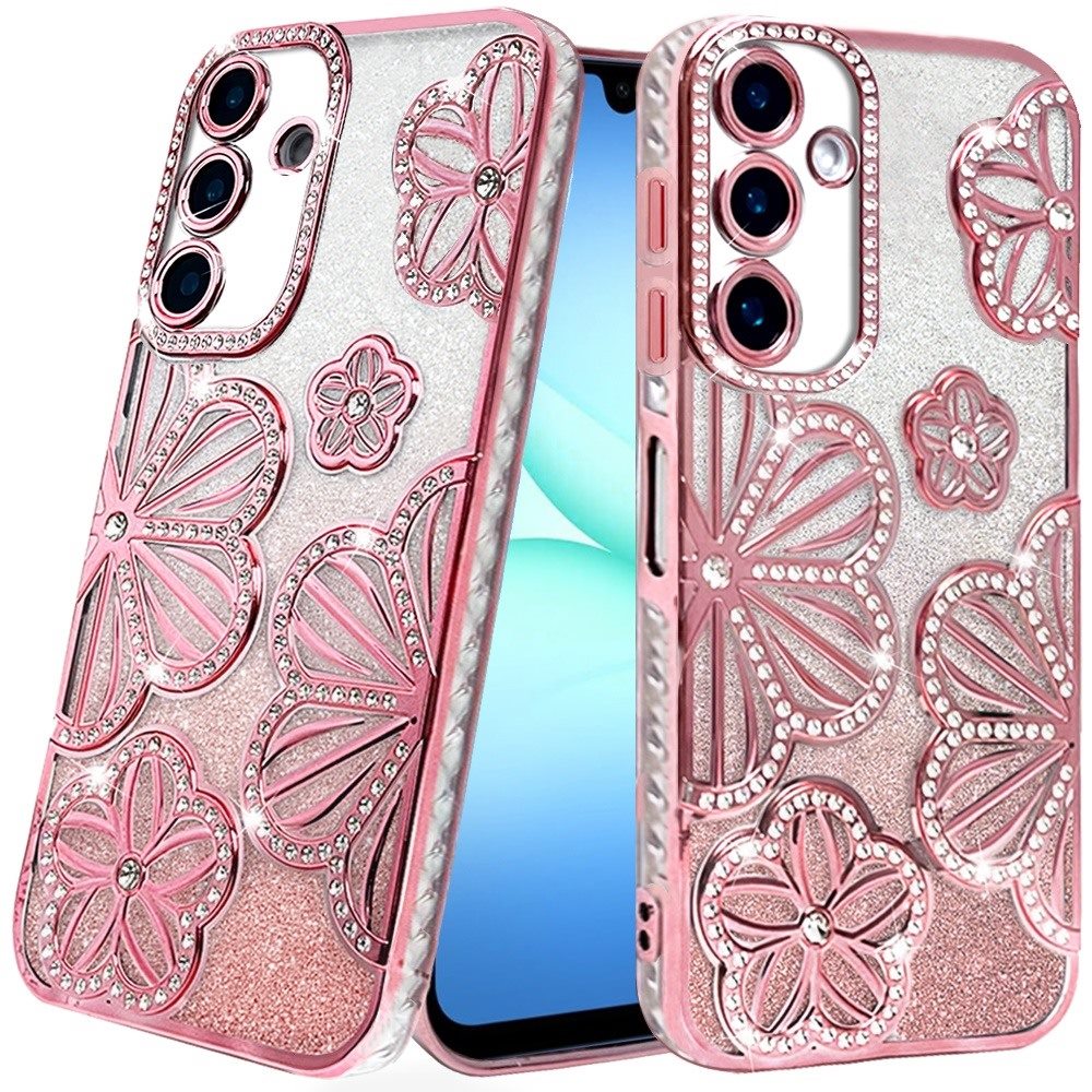 For Samsung A17 5G Case Bling Floral 3D Glitter Phone Cover + Tempered Glass