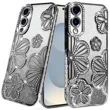 For Samsung S25 Edge Case Bling Floral 3D Glitter Phone Cover + Tempered Glass
