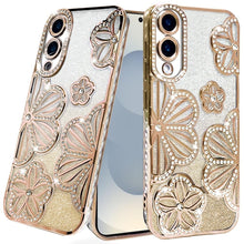 For Samsung S25 Edge Case Bling Floral 3D Glitter Phone Cover + Tempered Glass