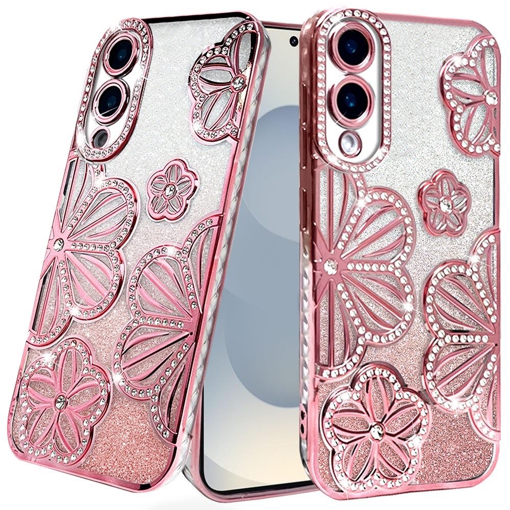 For Samsung S25 Edge Case Bling Floral 3D Glitter Phone Cover + Tempered Glass