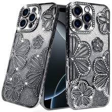 For iPhone 16 PRO MAX Case Bling Floral 3D Glitter Phone Cover + Tempered Glass