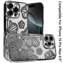 For iPhone 16 PRO MAX Case Bling Floral 3D Glitter Phone Cover + Tempered Glass