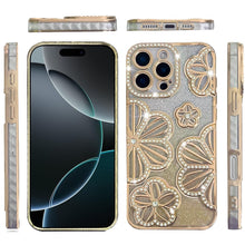 For iPhone 16 PRO MAX Case Bling Floral 3D Glitter Phone Cover + Tempered Glass