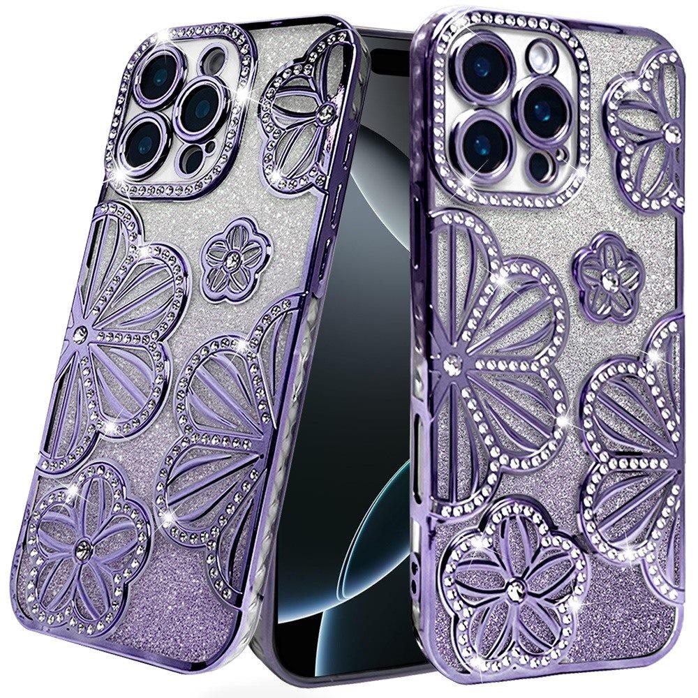 For iPhone 16 PRO MAX Case Bling Floral 3D Glitter Phone Cover + Tempered Glass