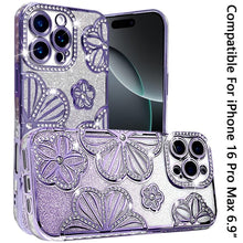 For iPhone 16 PRO MAX Case Bling Floral 3D Glitter Phone Cover + Tempered Glass