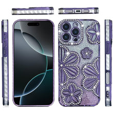 For iPhone 16 PRO MAX Case Bling Floral 3D Glitter Phone Cover + Tempered Glass