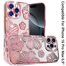 For iPhone 16 PRO MAX Case Bling Floral 3D Glitter Phone Cover + Tempered Glass