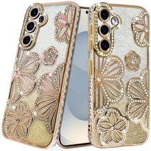 For Samsung S26+ Plus Case Bling Floral 3D Glitter Phone Cover + Tempered Glass