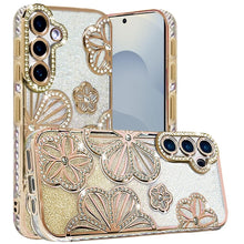 For Samsung S26+ Plus Case Bling Floral 3D Glitter Phone Cover + Tempered Glass