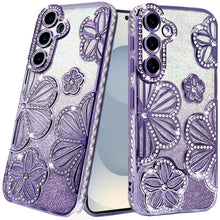 For Samsung S26+ Plus Case Bling Floral 3D Glitter Phone Cover + Tempered Glass