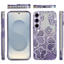 For Samsung S26+ Plus Case Bling Floral 3D Glitter Phone Cover + Tempered Glass