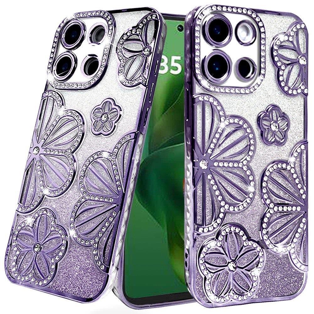 For Moto G Power 2025 Case Bling Floral 3D Glitter Phone Cover + Tempered Glass