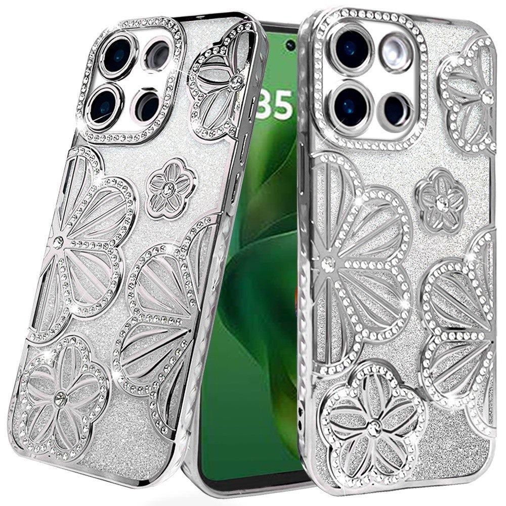 For Moto G Power 2025 Case Bling Floral 3D Glitter Phone Cover + Tempered Glass