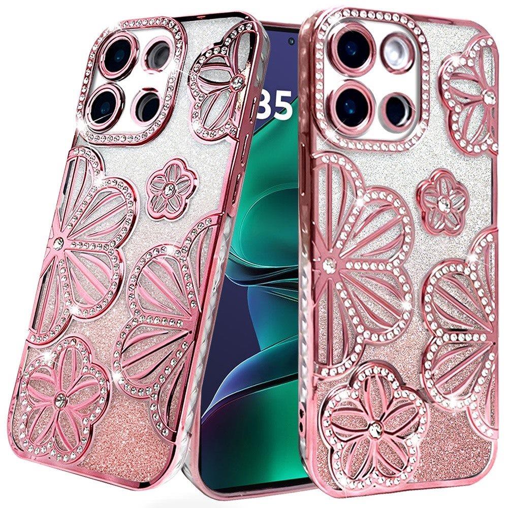 For Moto G Stylus 2025 Case Bling Floral 3D Glitter Phone Cover + Tempered Glass